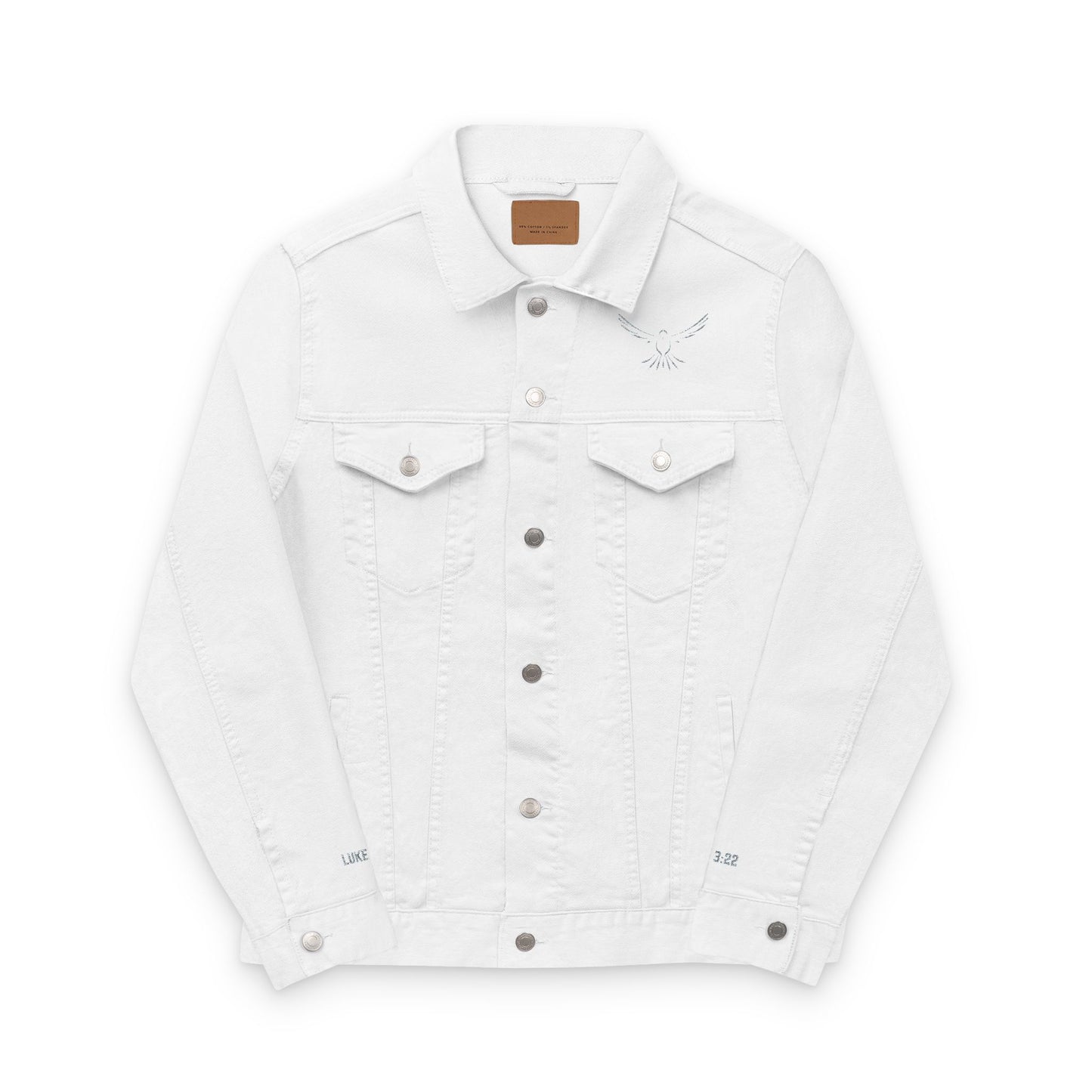 Z-Lux Embroidered White Denim Jacket - Spiritual Dove Luke 3:22 - OUT OF STOCK