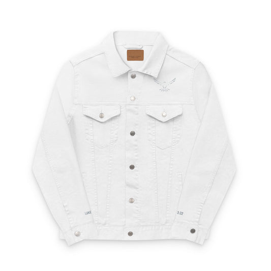 Z-Lux Embroidered White Denim Jacket - Spiritual Dove Luke 3:22 - OUT OF STOCK