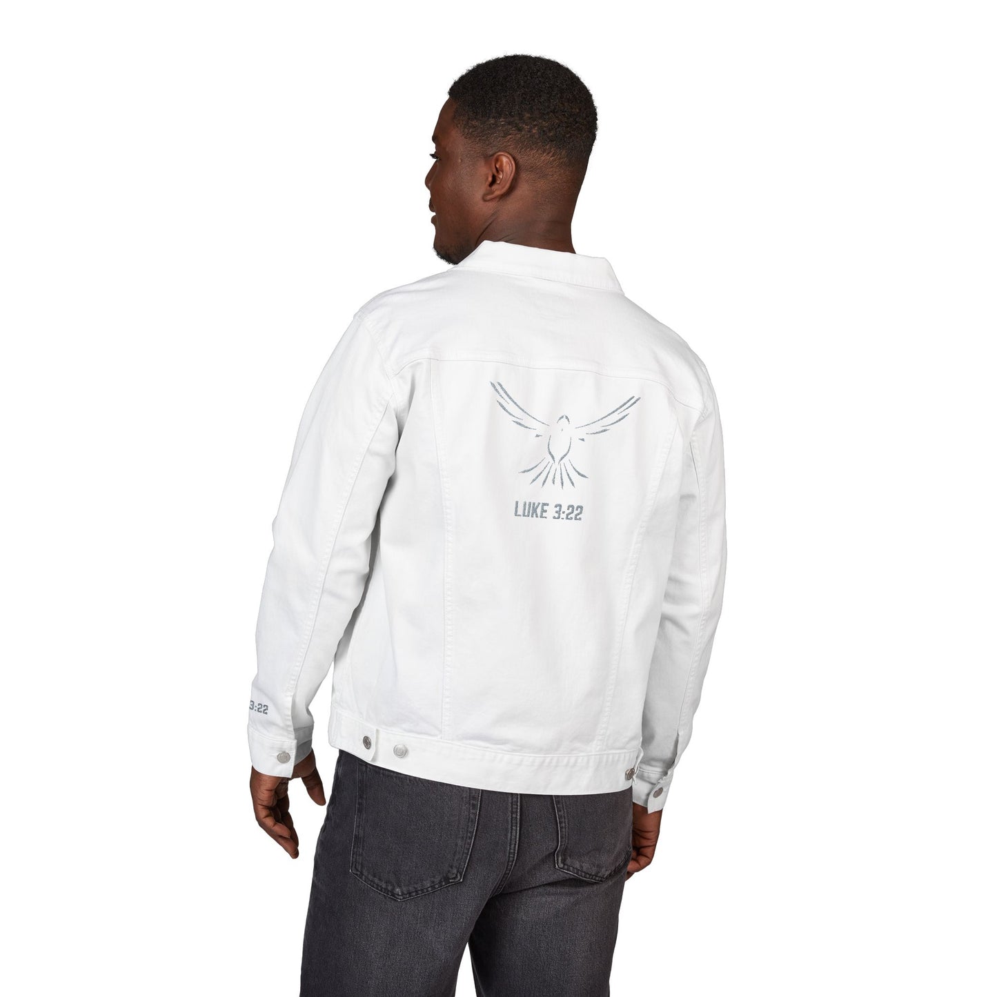 Z-Lux Embroidered White Denim Jacket - Spiritual Dove Luke 3:22 - OUT OF STOCK