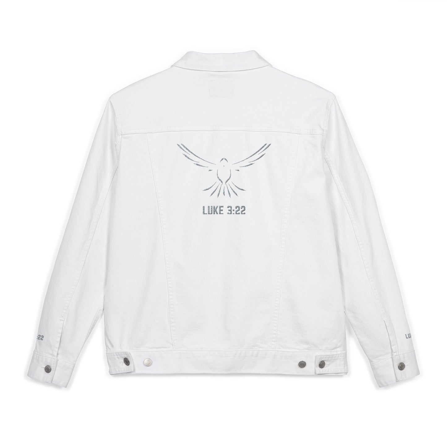 Z-Lux Embroidered White Denim Jacket - Spiritual Dove Luke 3:22 - OUT OF STOCK