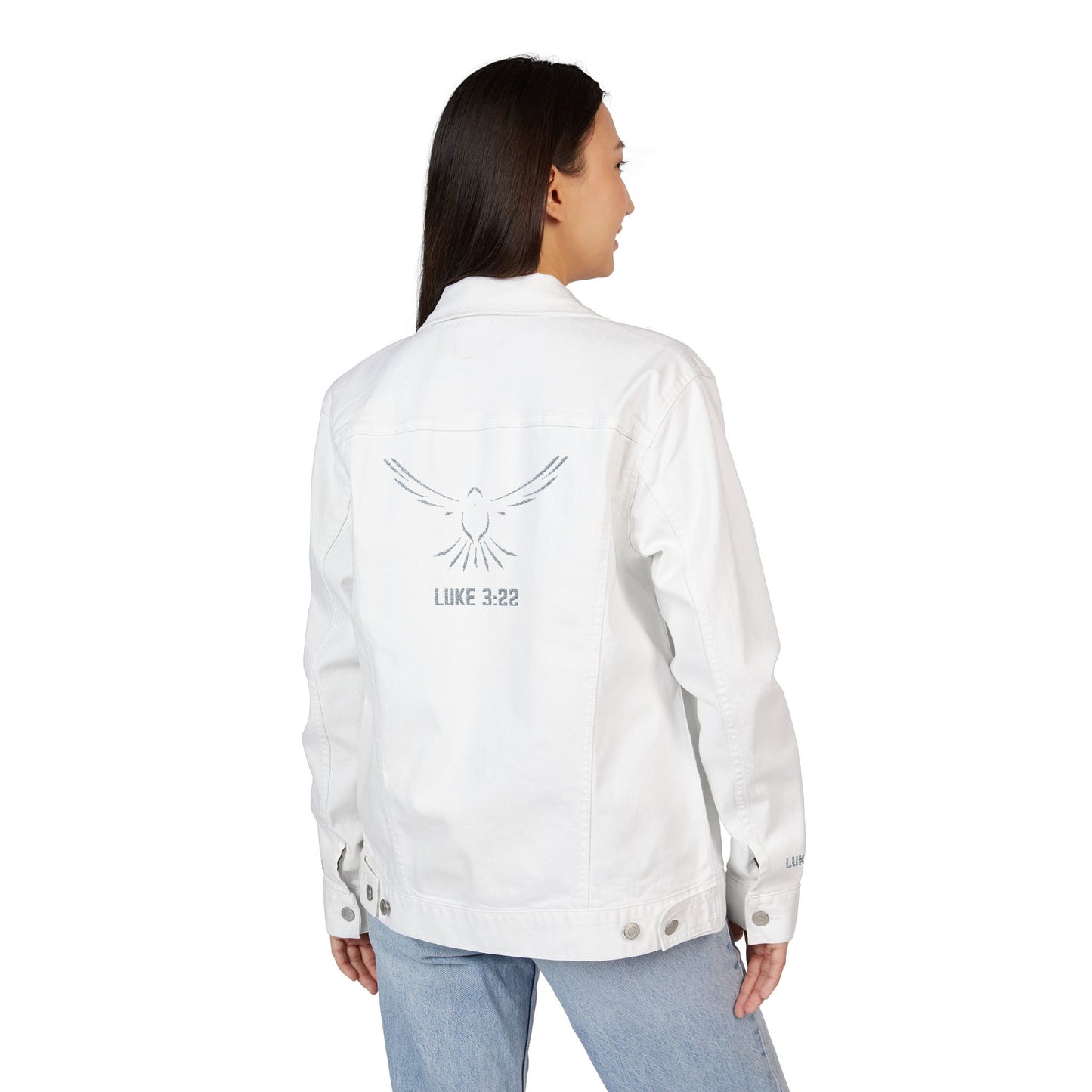 Z-Lux Embroidered White Denim Jacket - Spiritual Dove Luke 3:22 - OUT OF STOCK