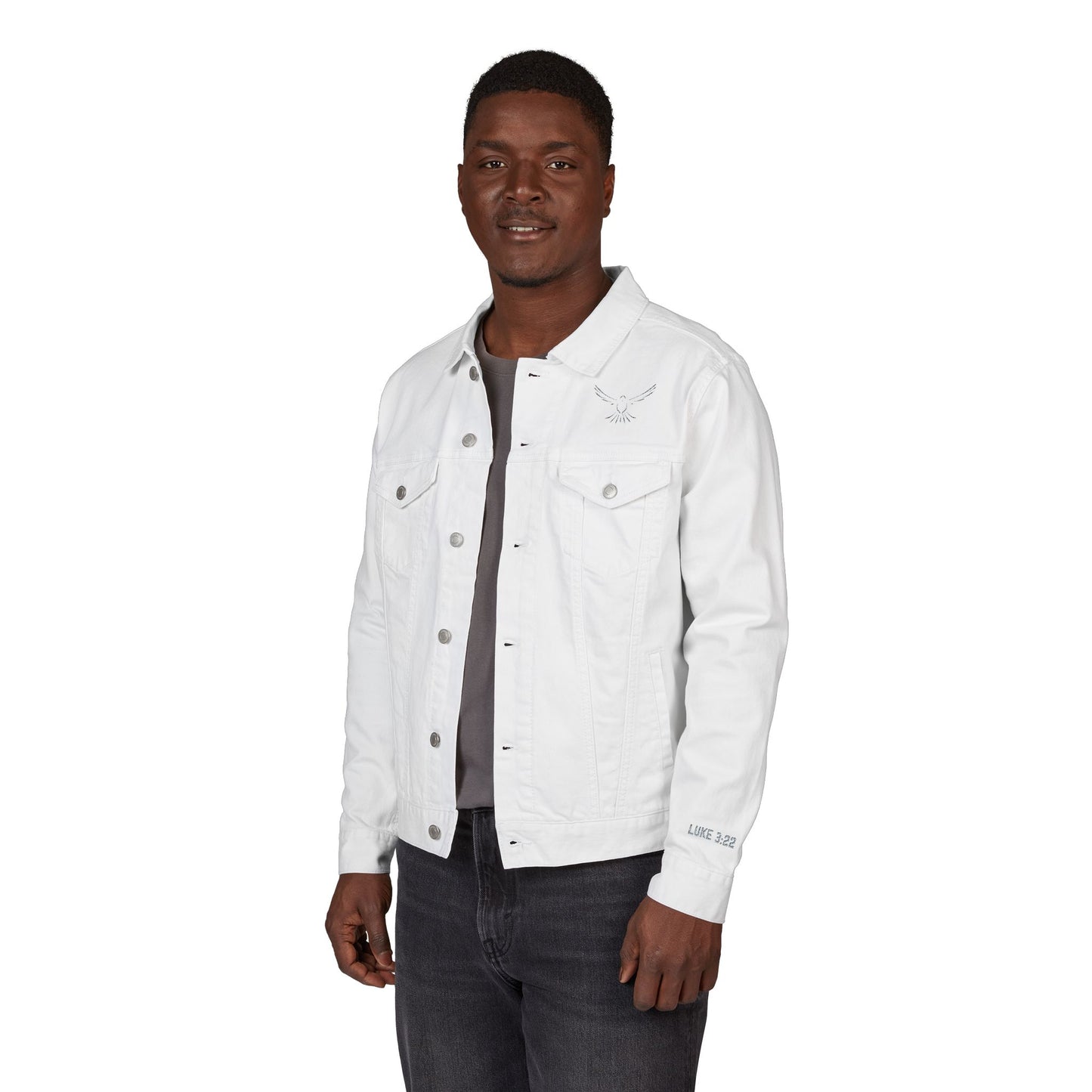 Z-Lux Embroidered White Denim Jacket - Spiritual Dove Luke 3:22 - OUT OF STOCK