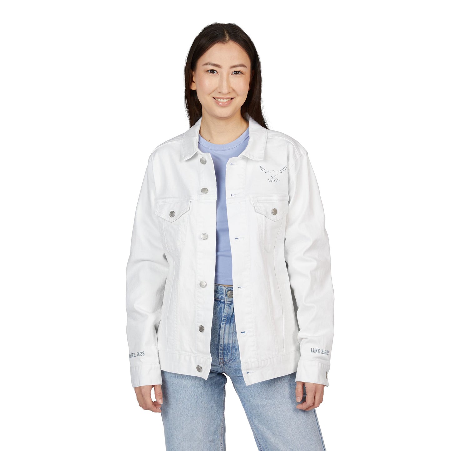 Z-Lux Embroidered White Denim Jacket - Spiritual Dove Luke 3:22 - OUT OF STOCK
