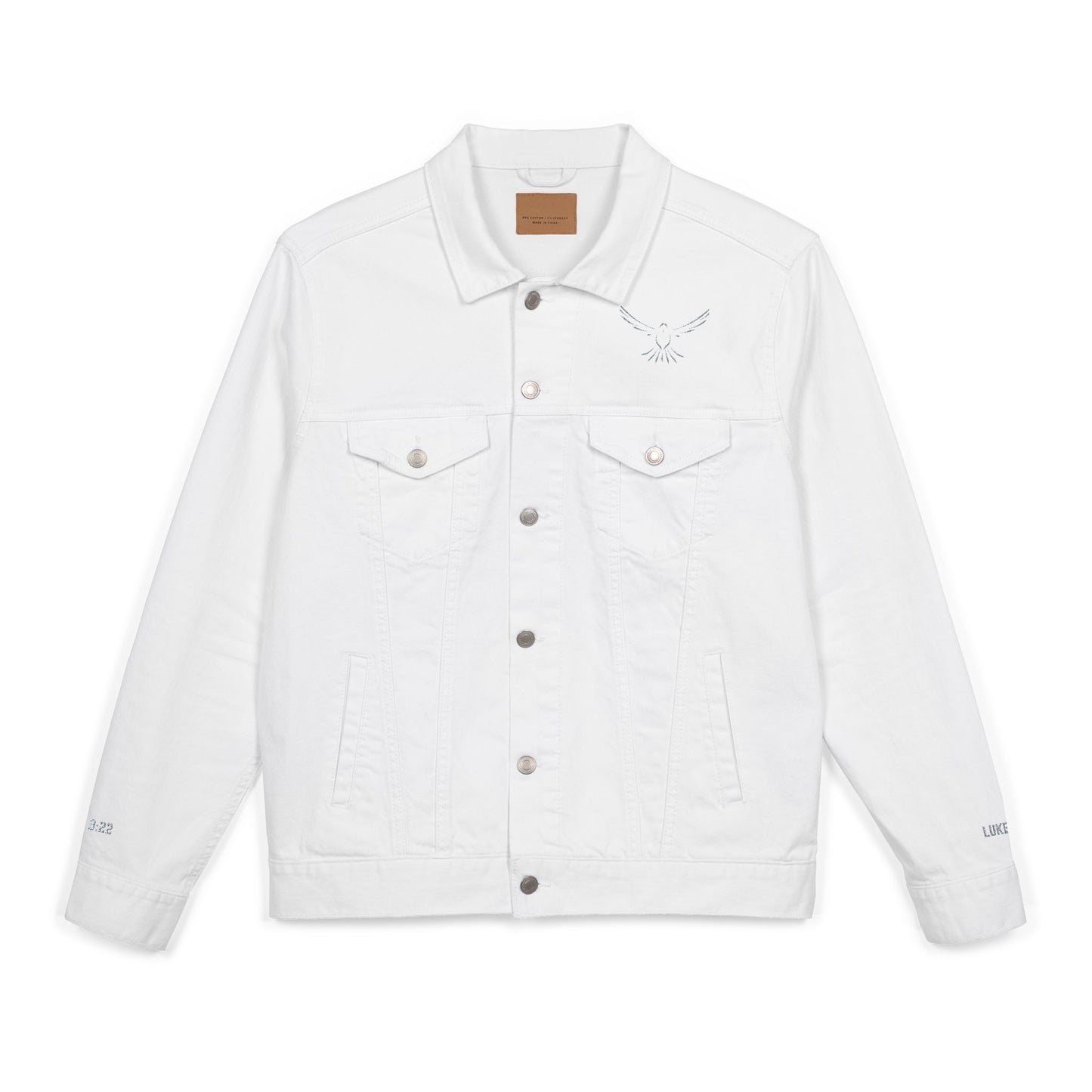 Z-Lux Embroidered White Denim Jacket - Spiritual Dove Luke 3:22 - OUT OF STOCK